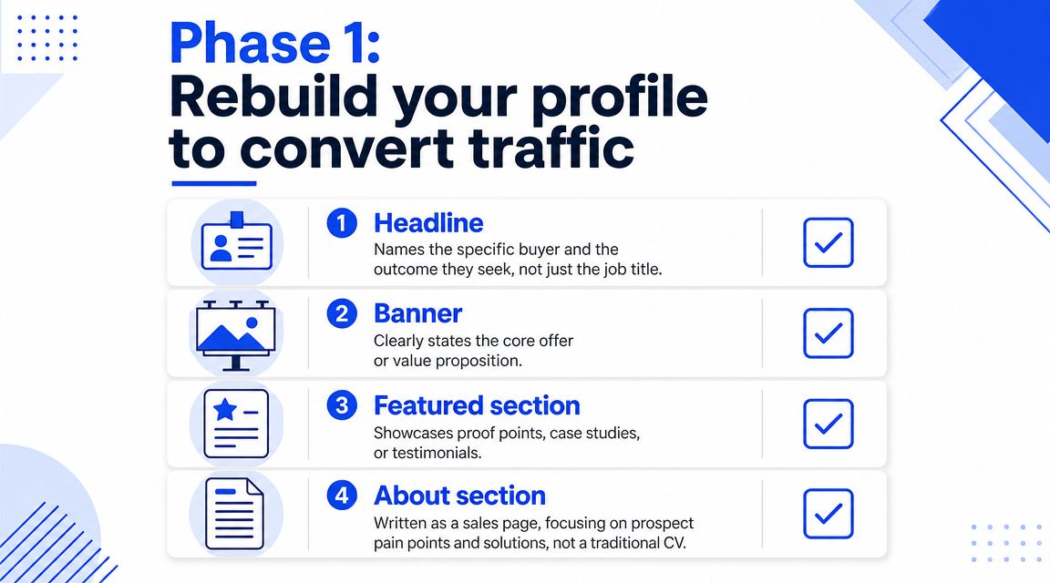 A graphic showing four steps to rebuild a professional LinkedIn profile for better lead generation and conversion.