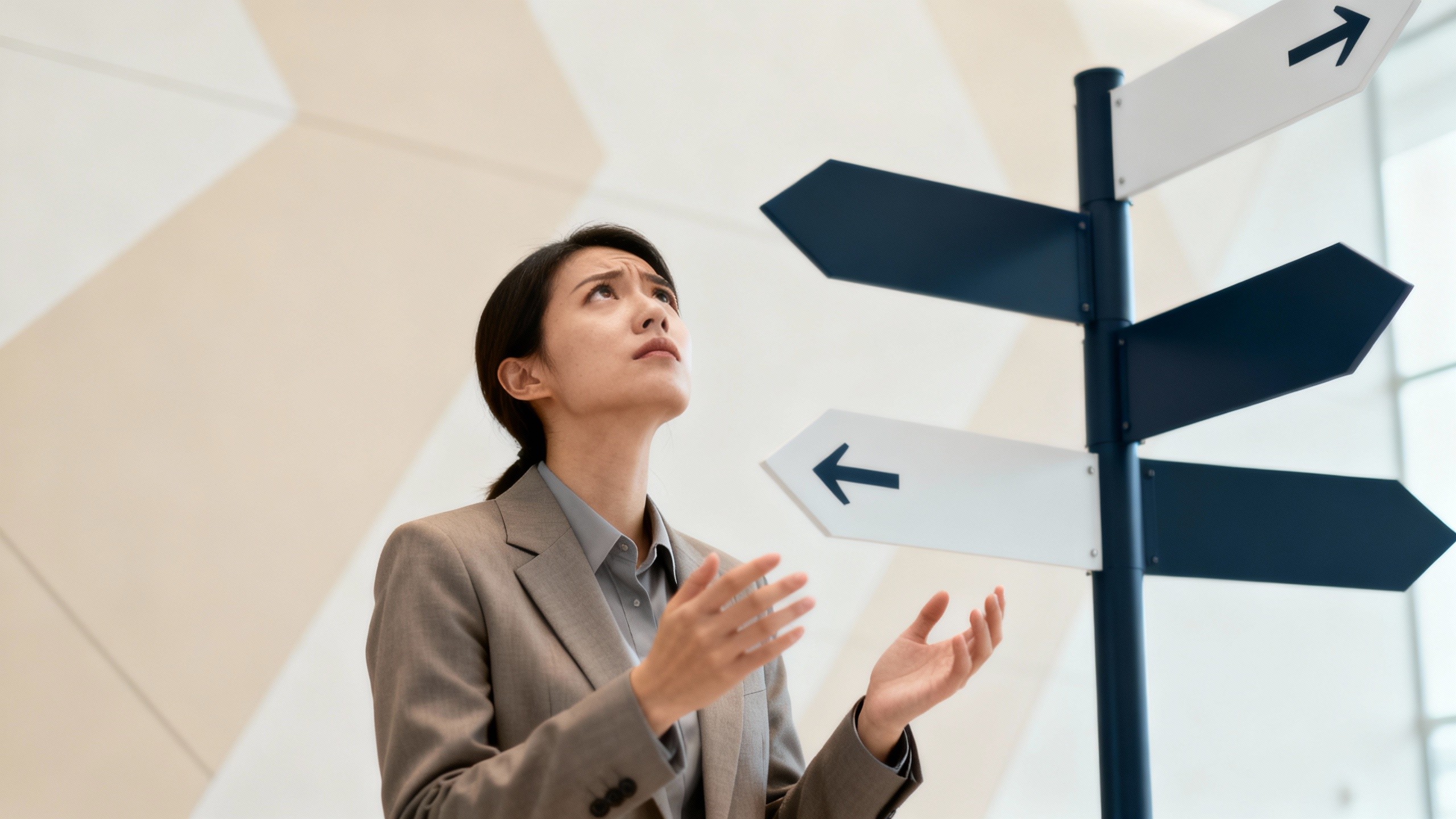 person in business attire looking confused at multiple directions or signs