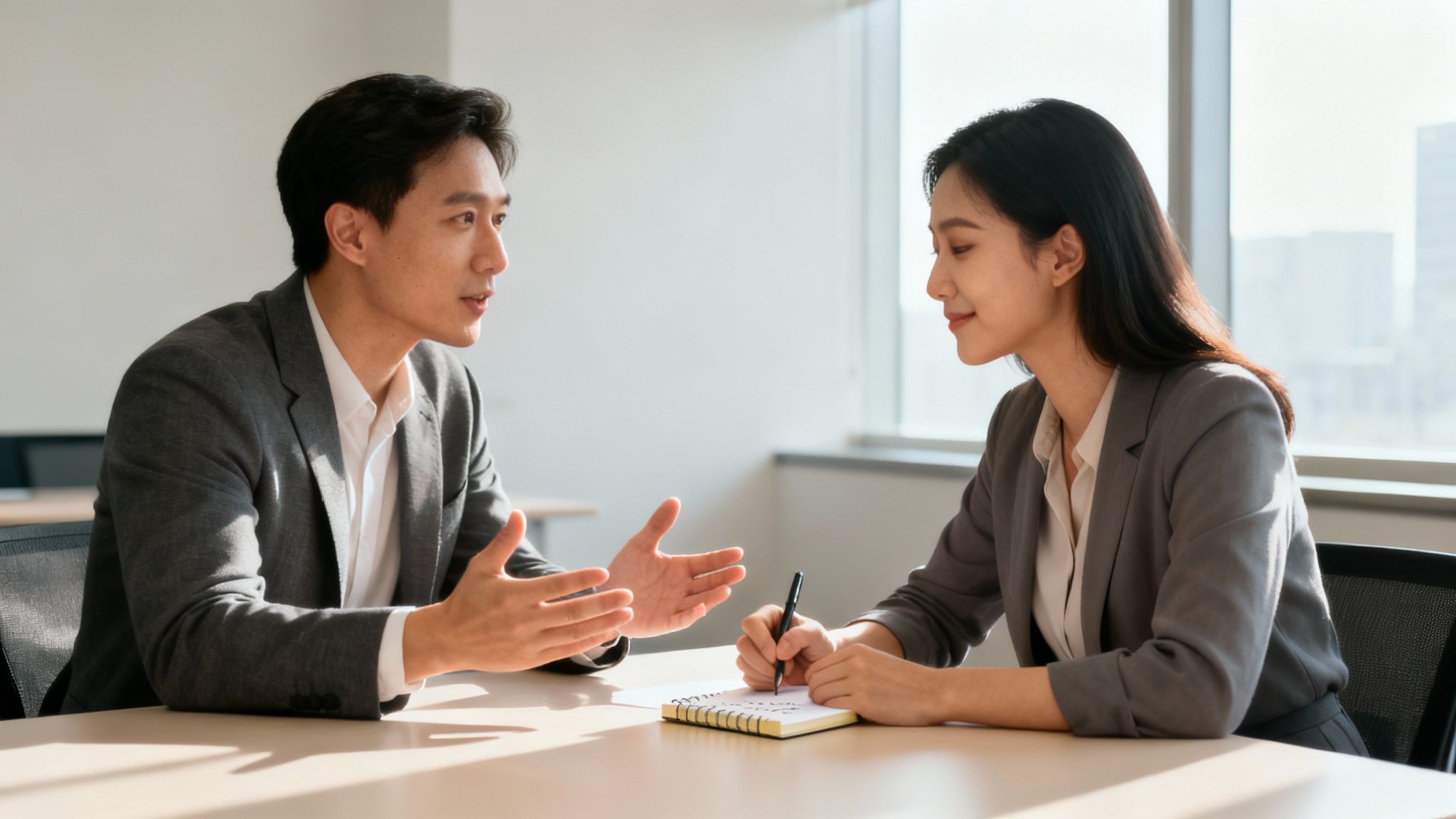 Speak4Me – A person in a professional setting actively listening to a colleague, nodding and taking notes.