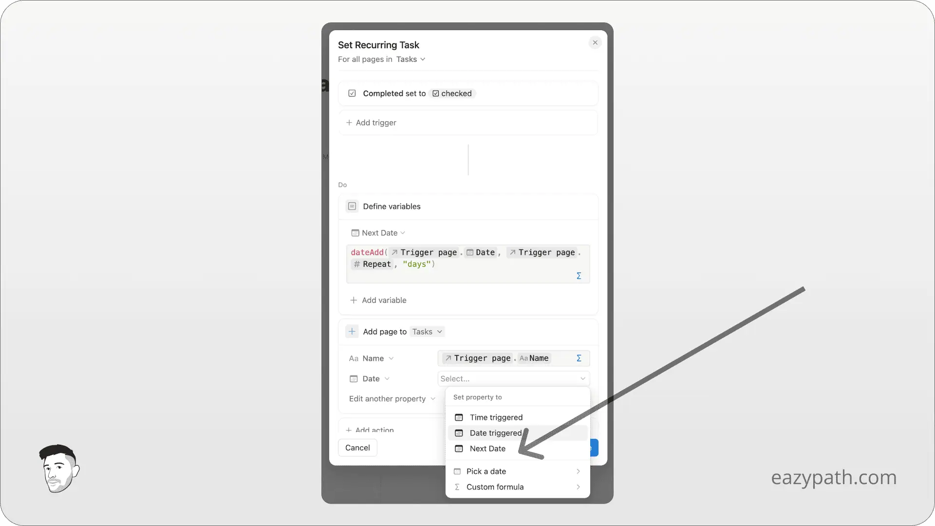 Specific Uses Cases of Notion Database Automations - Create Recurring Tasks - Action Add Page Date