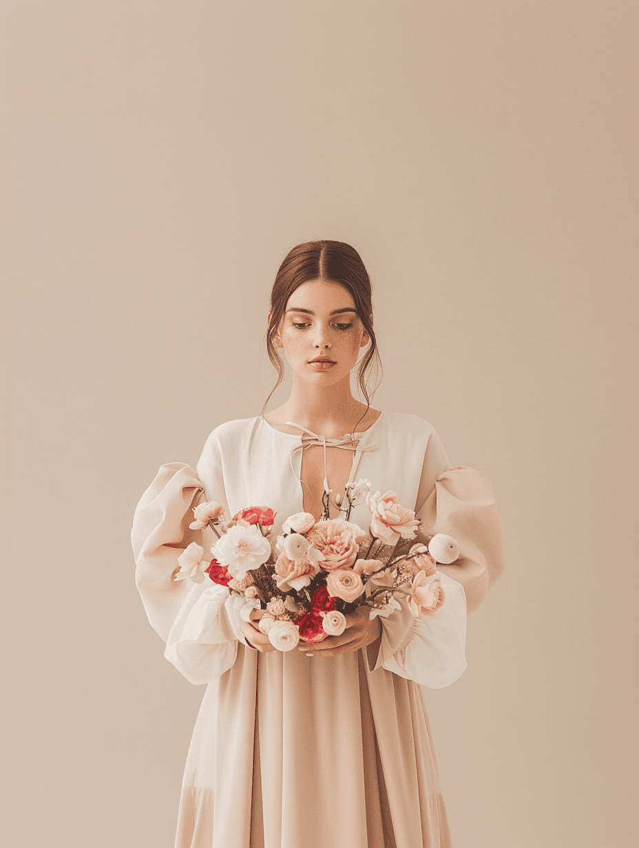  a cinematic shot of a woman holding a banquet of flowers 