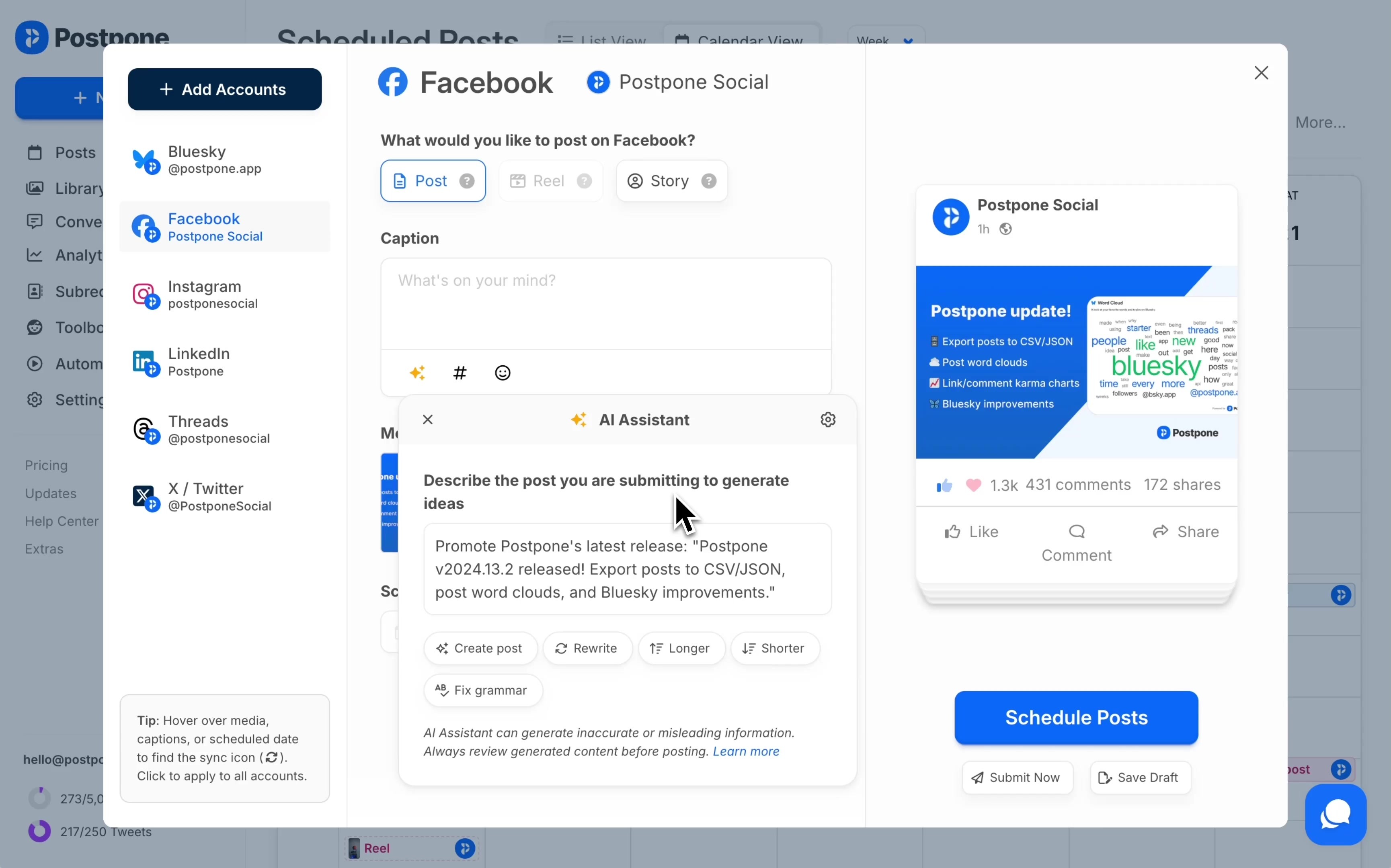 Scheduling a post using AI in Postpone