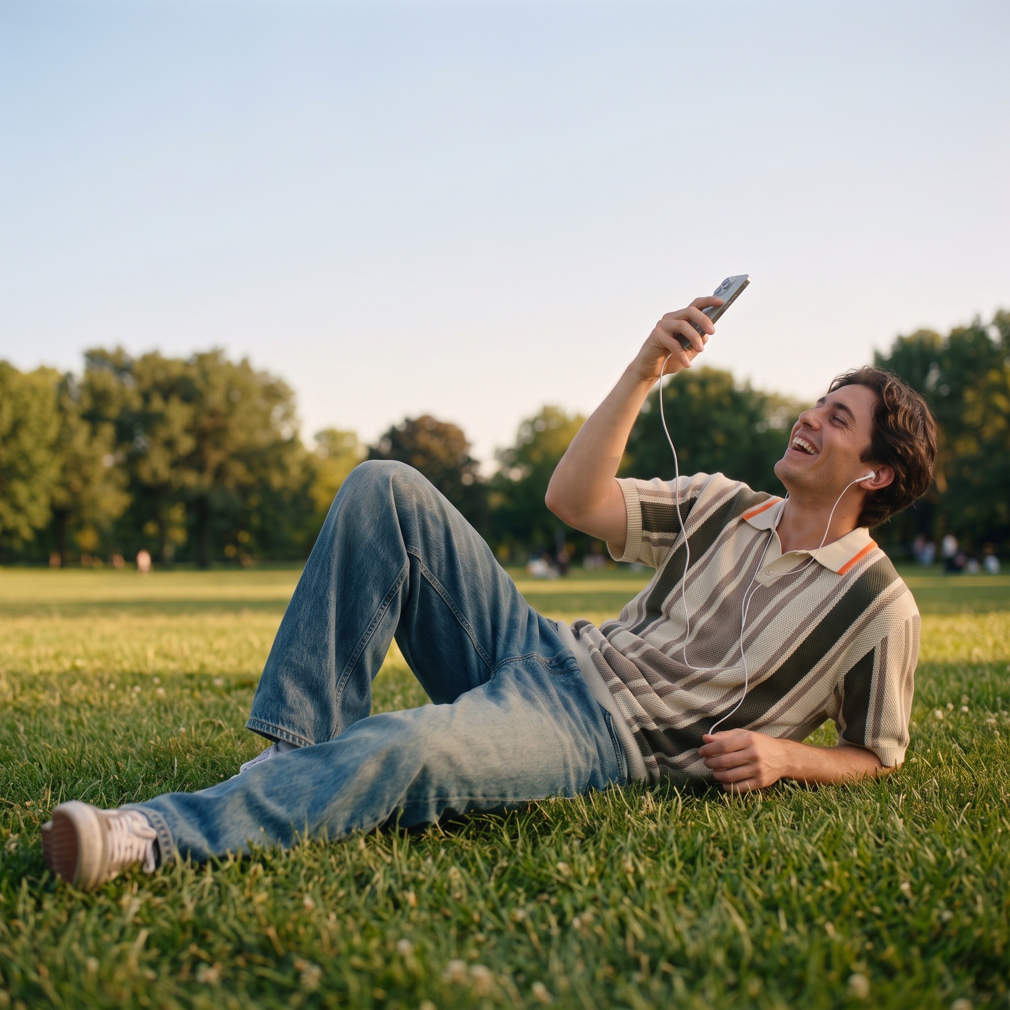 Guy lying on the grass laughing at his phone