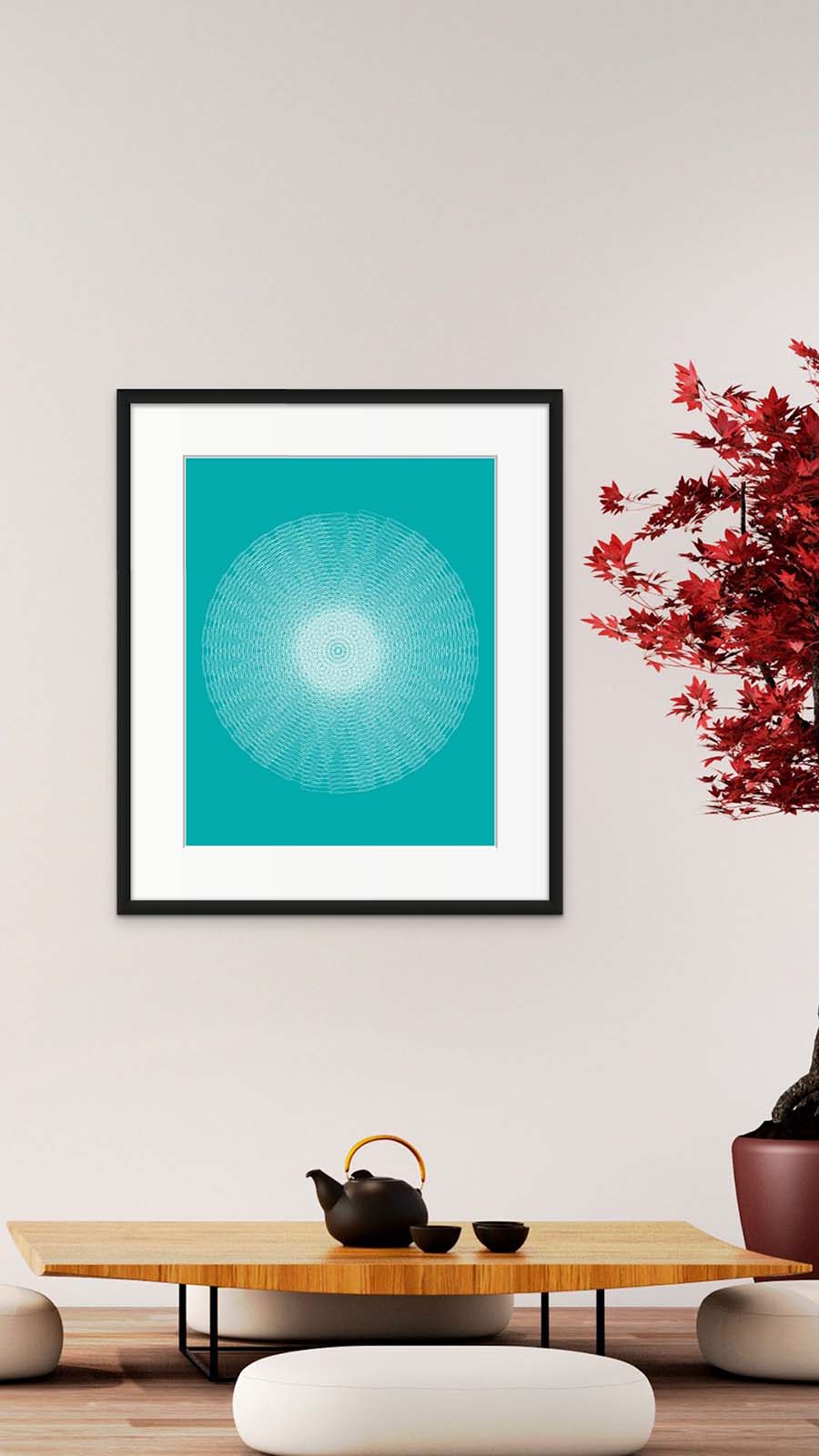 Image of a clean modern japanesse style room, chair and painting of an white mandala on an aqua background, titled RA 