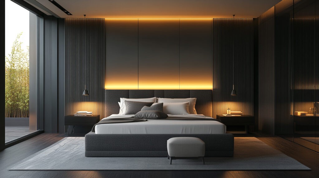 An elegantly staged bedroom featuring a stylish bed with soft bedding and ambient lighting. The modern design includes sleek furnishings and large windows that promote a serene atmosphere, creating an ideal sleep environment for enhancing sleep hygiene and overall well-being.