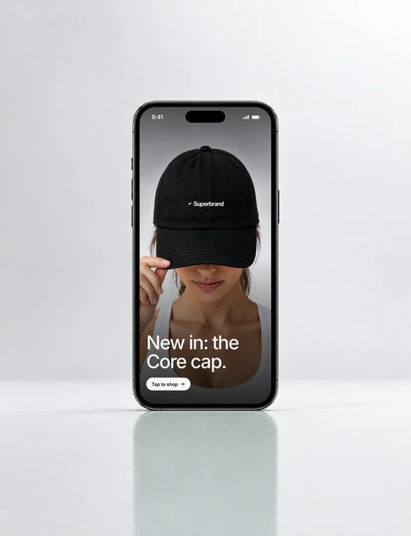 A phone showing a Superbrand post: “New in: the Core cap.”
