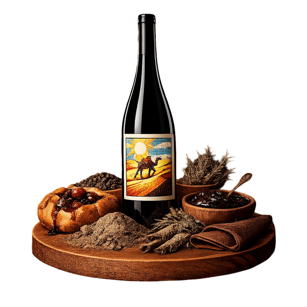 Artistic label and flavor profile for Negev Desert Red on a rustic wooden table.
