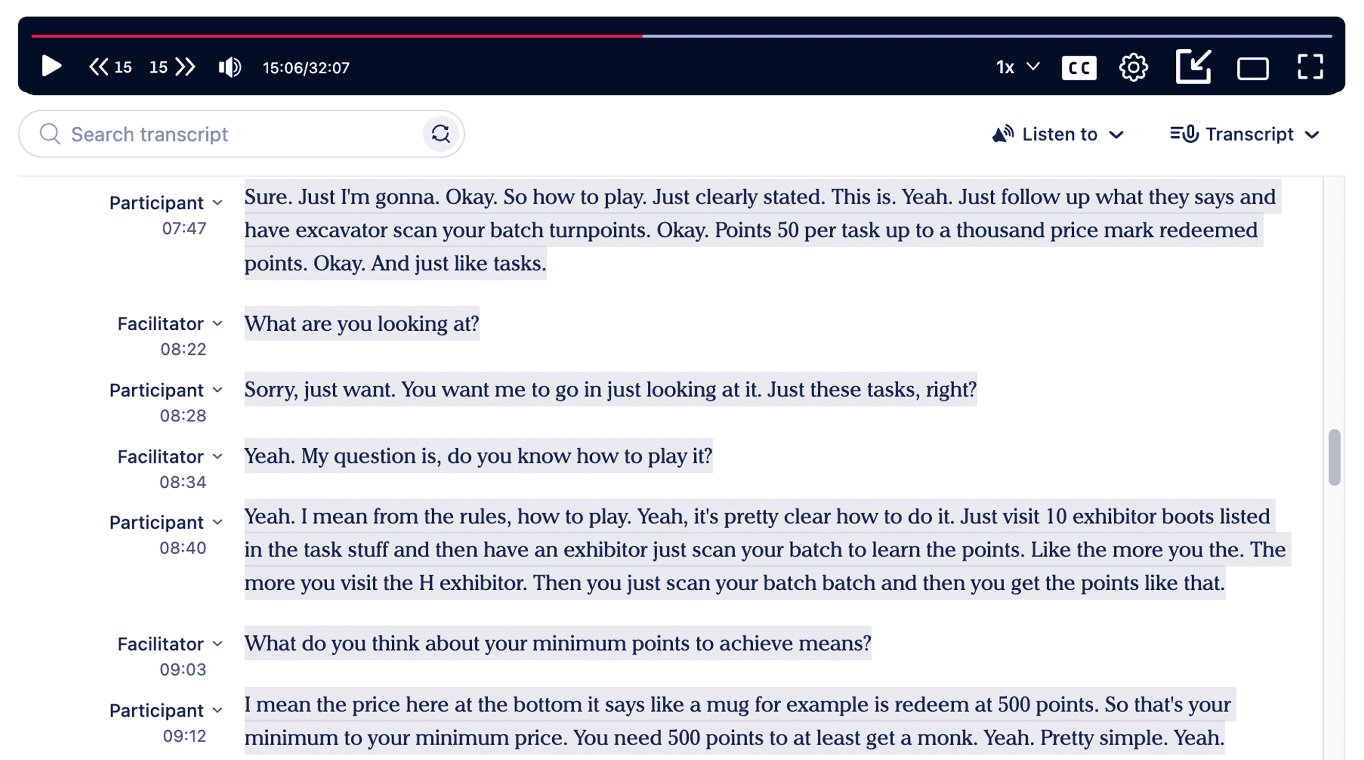 Interview transcript generated by AI, showing speaker labels, timestamps, and searchable dialogue.