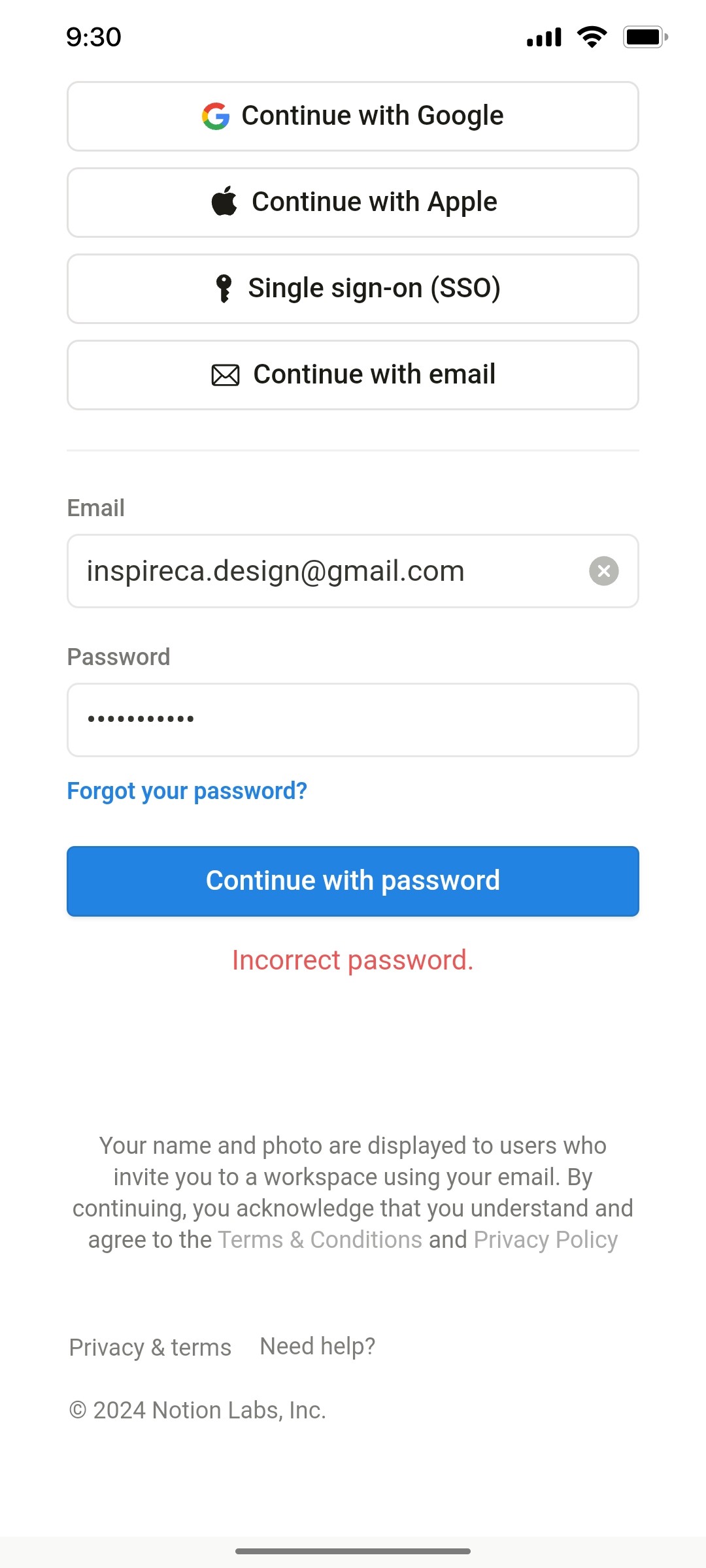 Notion App Enter Password Screen