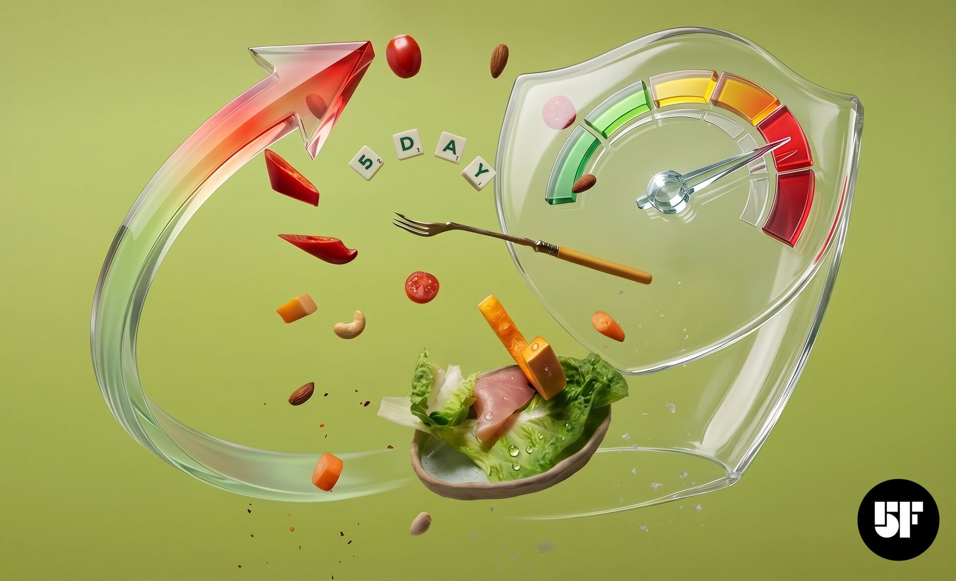 Een conceptual 3D-beeld met de tekst "5 DAY", omgeven door zwevende gezonde etenswaren en een prestatieschild