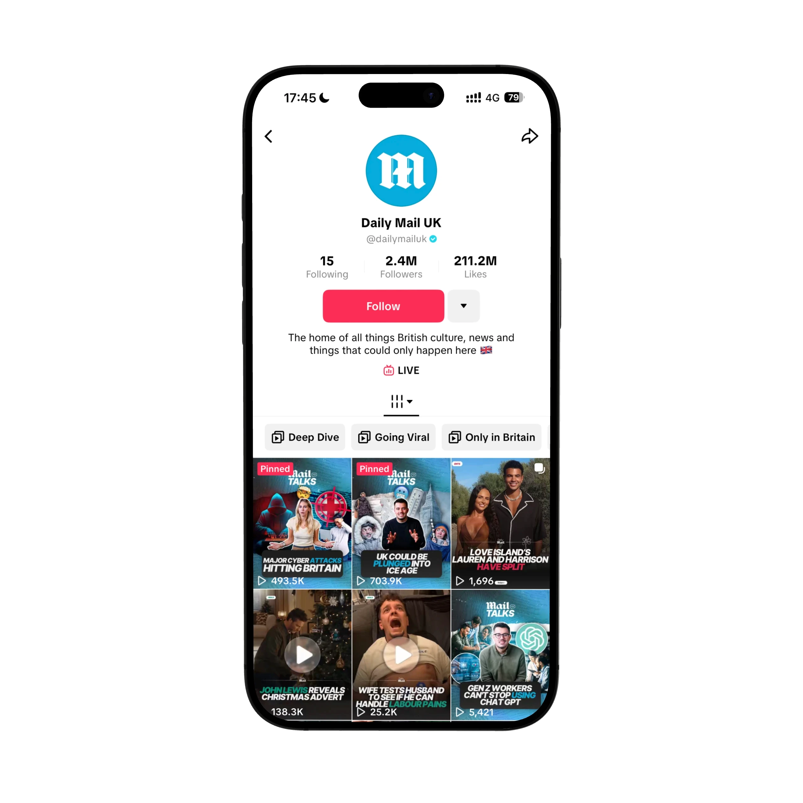 Screenshot of Daily Mail UK TikTok profile with 2.4M followers, featuring British culture content, news clips, viral UK moments, and Deep Dive videos.