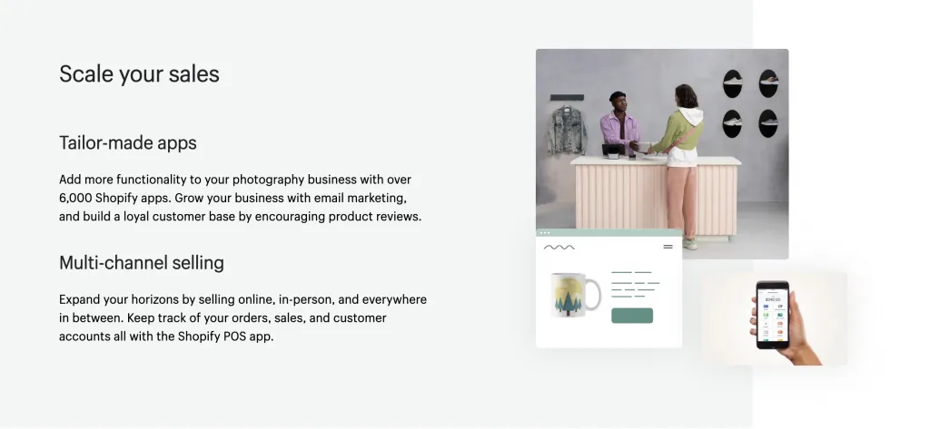 Shopify section 'Scale your sales' about apps and multi-channel selling for photography businesses
