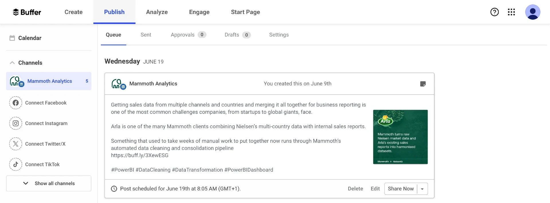 A dashboard of the social media management platform called Buffer