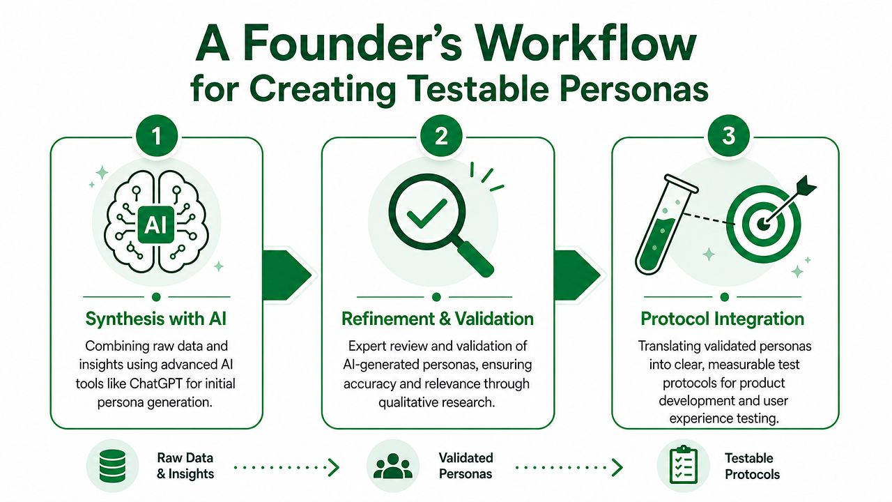 A three-step flowchart illustrating a founder's workflow for creating testable personas using AI and data validation.