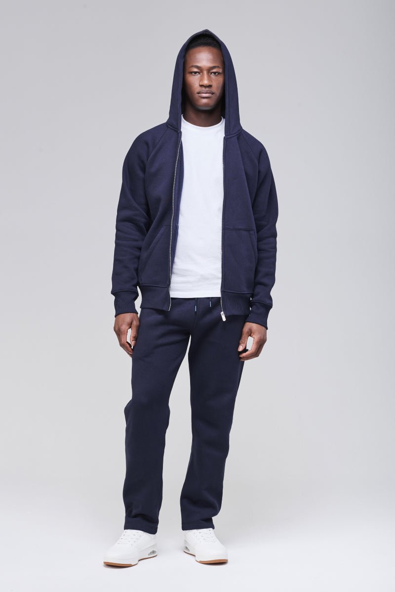 Zip front view, full profile, classiv navy color, hood up and zipped all the way down