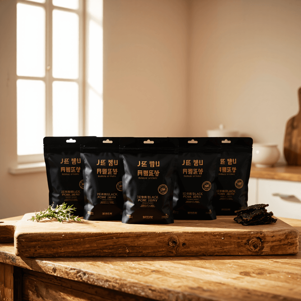 product photography of a box of Jeju black pork jerky