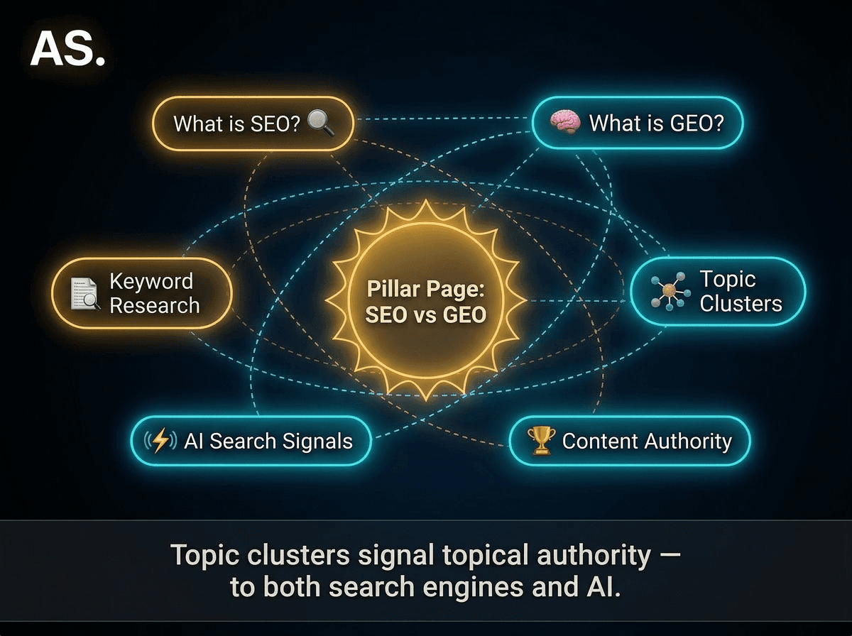 interconnected blog content cluster structure for SEO explained using solar system concept where Pillar page is the sun and cluster posts are shown as orbiting planets.