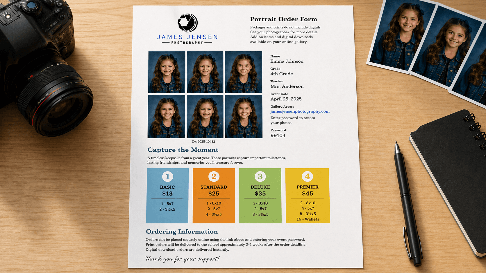 Snapizzi Proof Sheet displaying multiple individual school portraits, print package options, personalized ordering information, and online gallery access on a professional photography proof sheet.