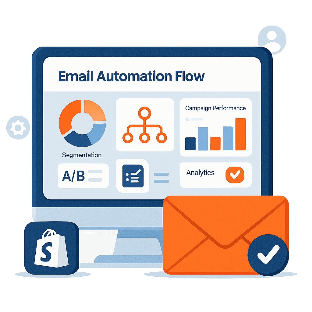 Illustration of email marketing automation and Klaviyo flows designed for Shopify stores by Axelwin.