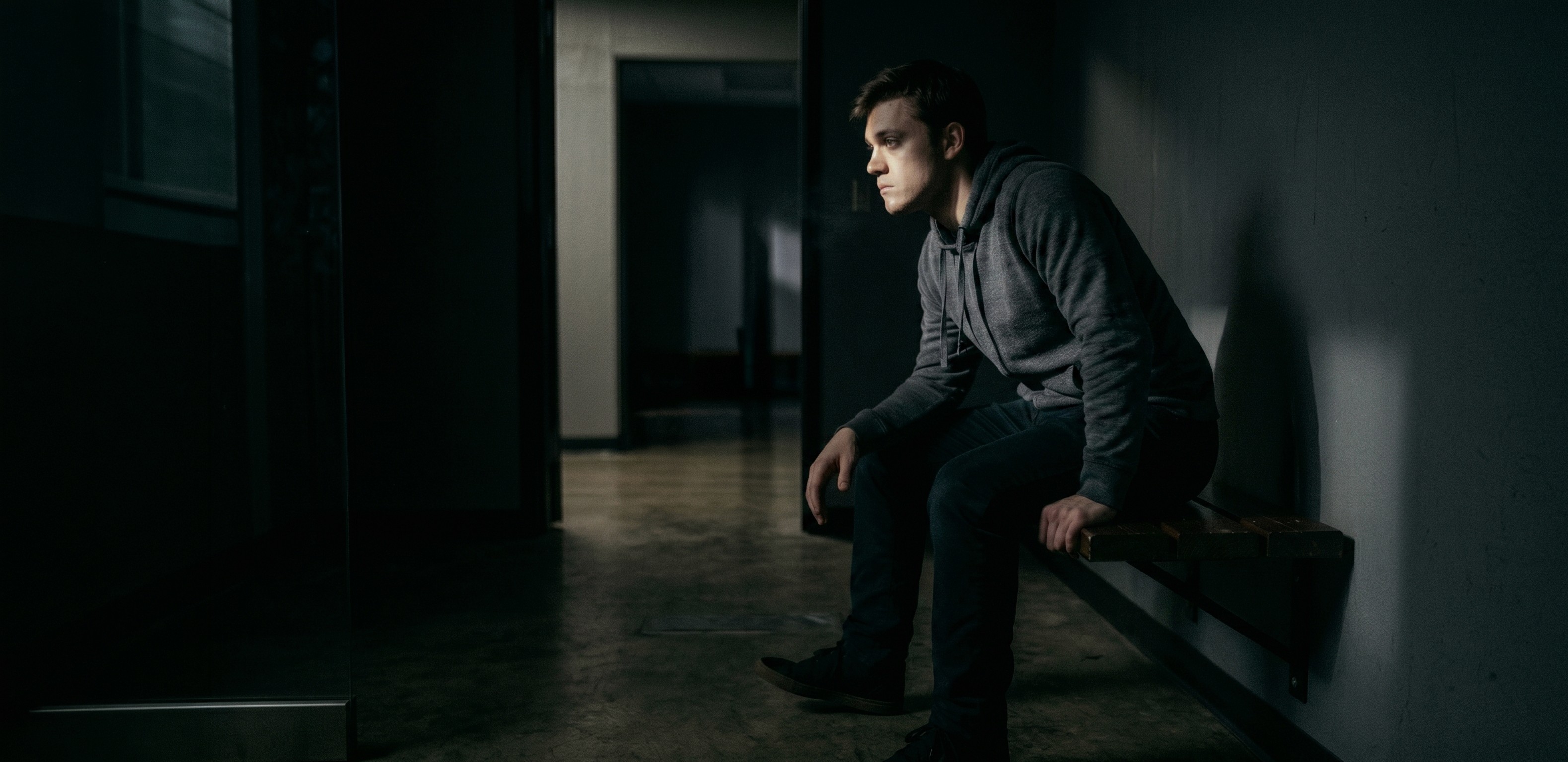 A young man in a gray hoodie sits pensively on a bench in a dimly lit, industrial-style room, casting a contemplative shadow on the concrete floor.
