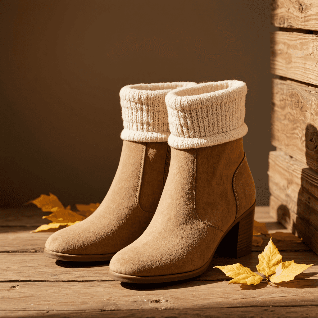 product photography of a pair of ankle boots with a knitted cuff, designed for casual wear