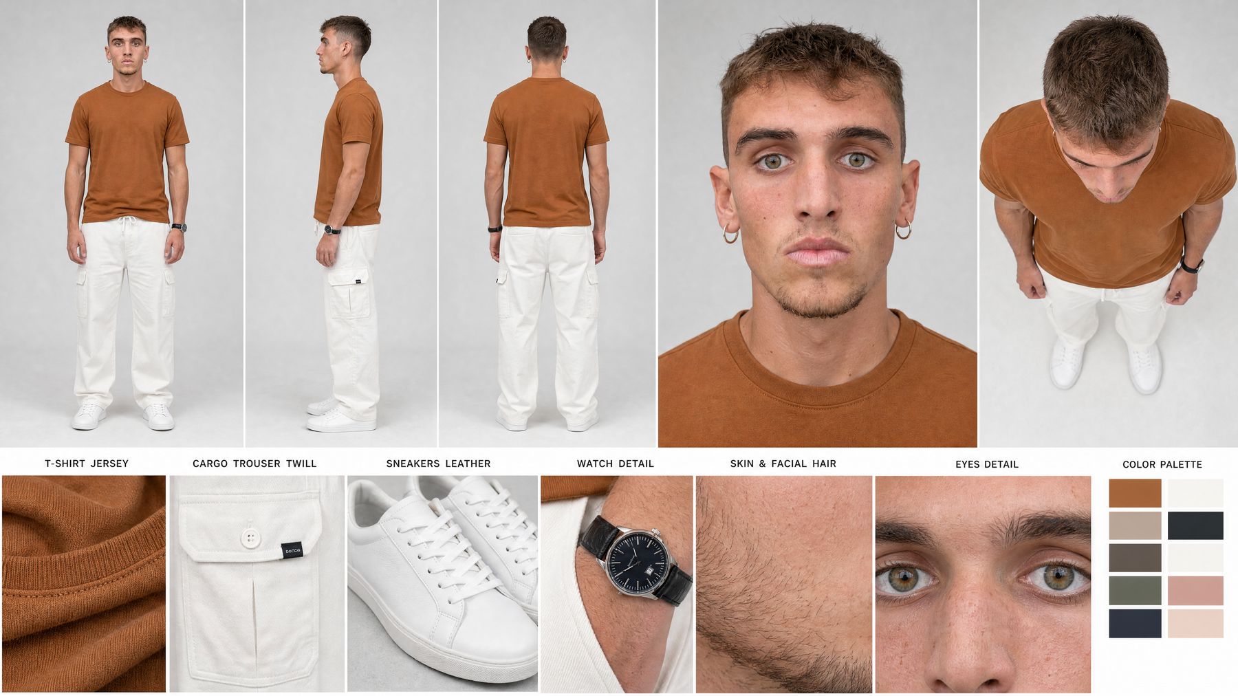 Rust tee, white cargo trousers, white sneakers, watch.