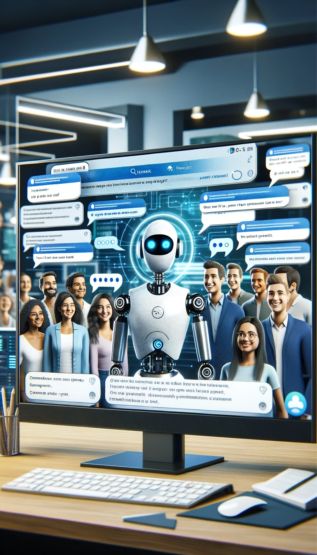 A group of diverse people smiling and interacting with a robot. The background features digital communication elements like chat bubbles, representing AI-enhanced communication and connectivity.