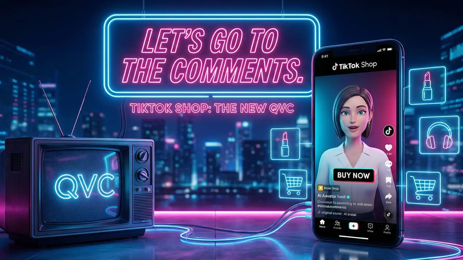 Digital graphic illustrating the evolution from traditional QVC television shopping to the modern TikTok Shop mobile experience.