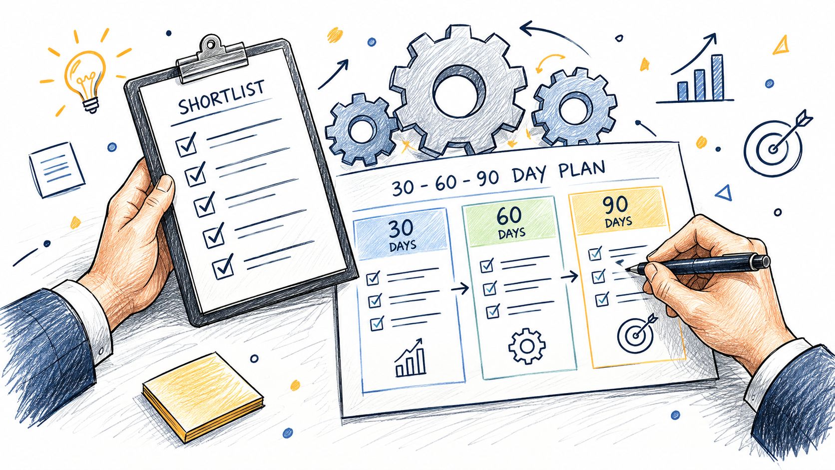 Professional hands sketching a 30-60-90 day business strategy plan with a checklist and gear icons.
