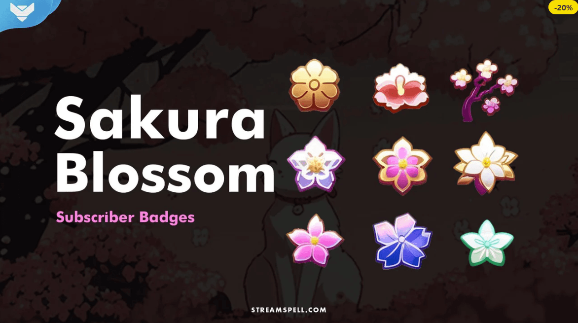 Sakura Blossom Subscriber Badges preview – a set of 9 floral-themed badges inspired by cherry blossoms, featuring soft pastel tones, petal details, and elegant bloom designs. Ideal for Twitch, YouTube, and Discord streamers who love nature, cozy aesthetics, and Japanese-inspired visuals.