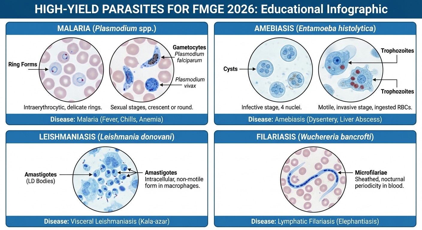 High-yield parasites for FMGE including Plasmodium, Entamoeba, Leishmania and Wuchereria
