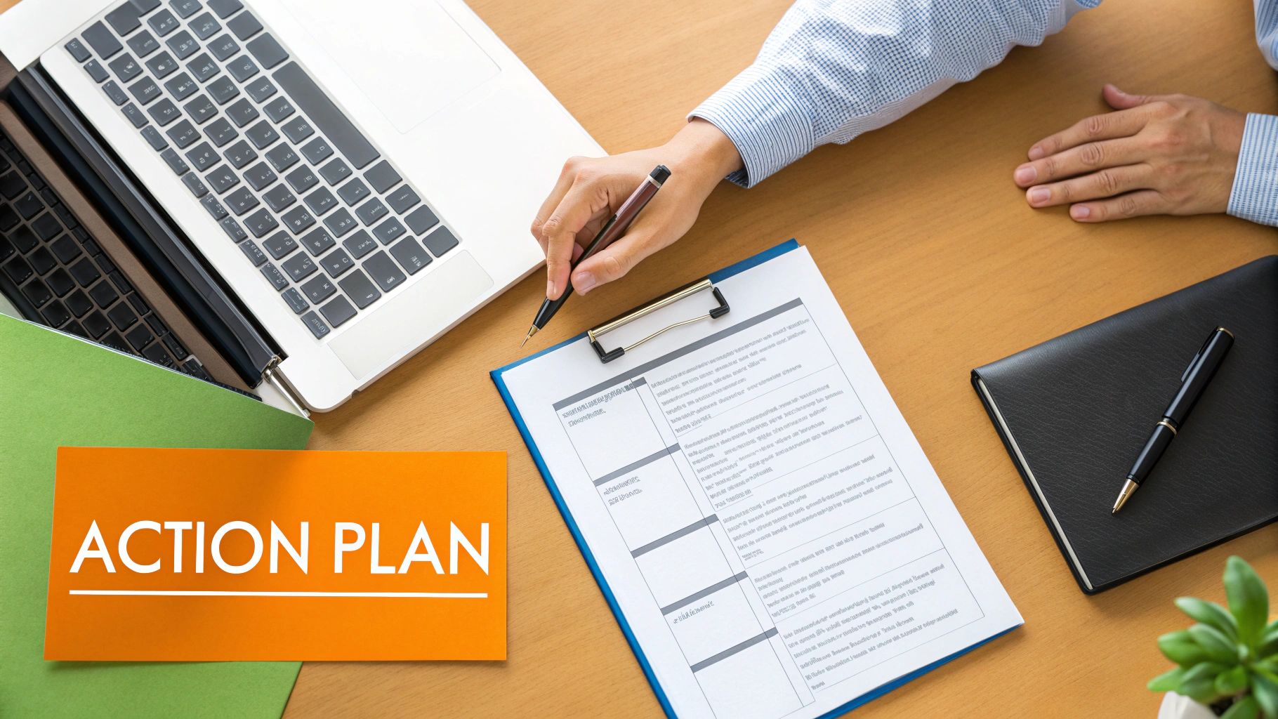 Overhead view of a person writing on an action plan document, with a laptop and notebook on a wooden desk.