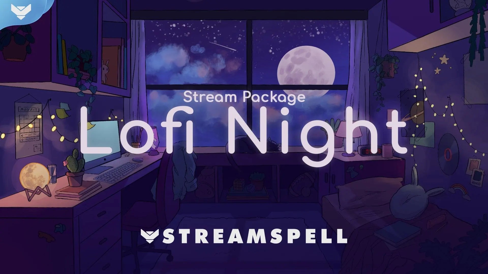 Lofi Night Stream Package illustrated cozy bedroom overlay with a cat by a moonlit window for Twitch, YouTube, and TikTok LIVE.