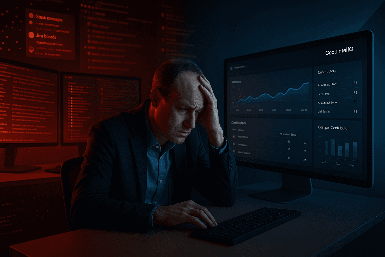 A frustrated CTO surrounded by chaotic code, Slack, and Jira data transforming into a calm AI-powered CodeInteliG dashboard symbolizing the shift from guessing to clarity.