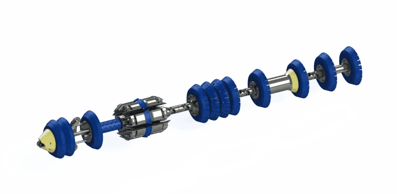 Detailed view of an industrial pipe cleaning tool with blue and silver components, used for cleaning pipes.