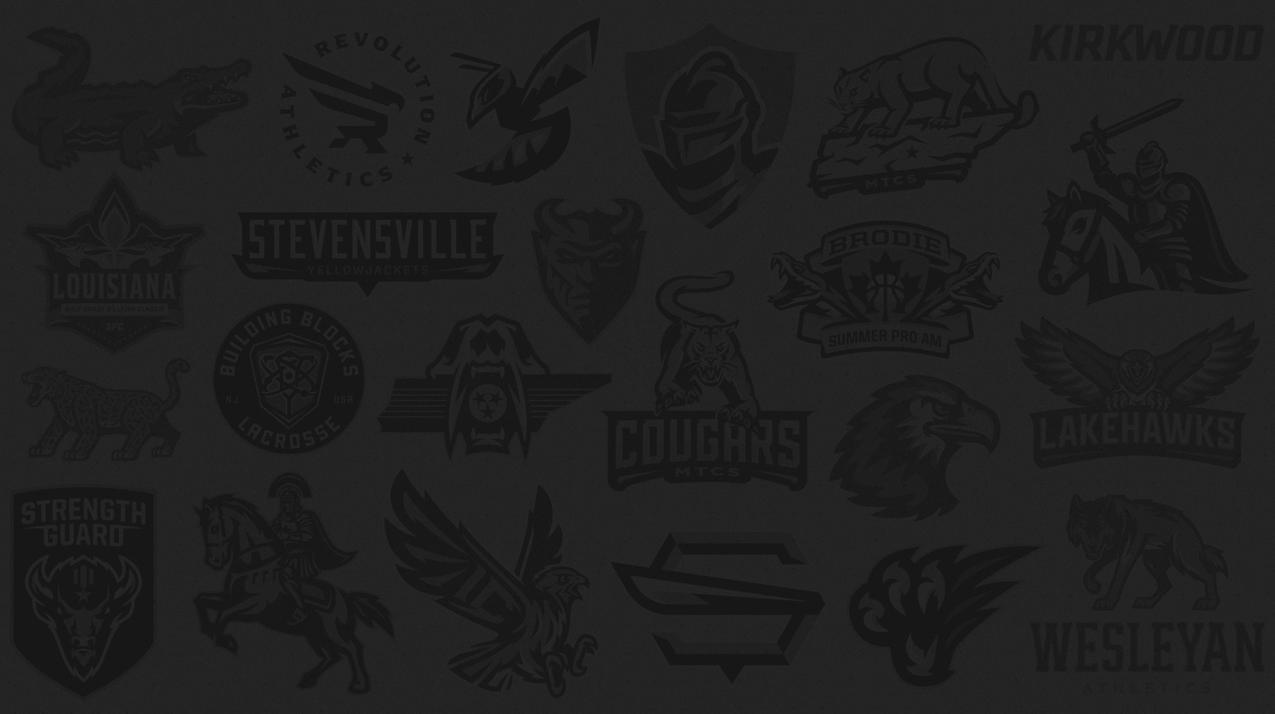 Background image featuring a collection of Design Shark's logo + mascot work.