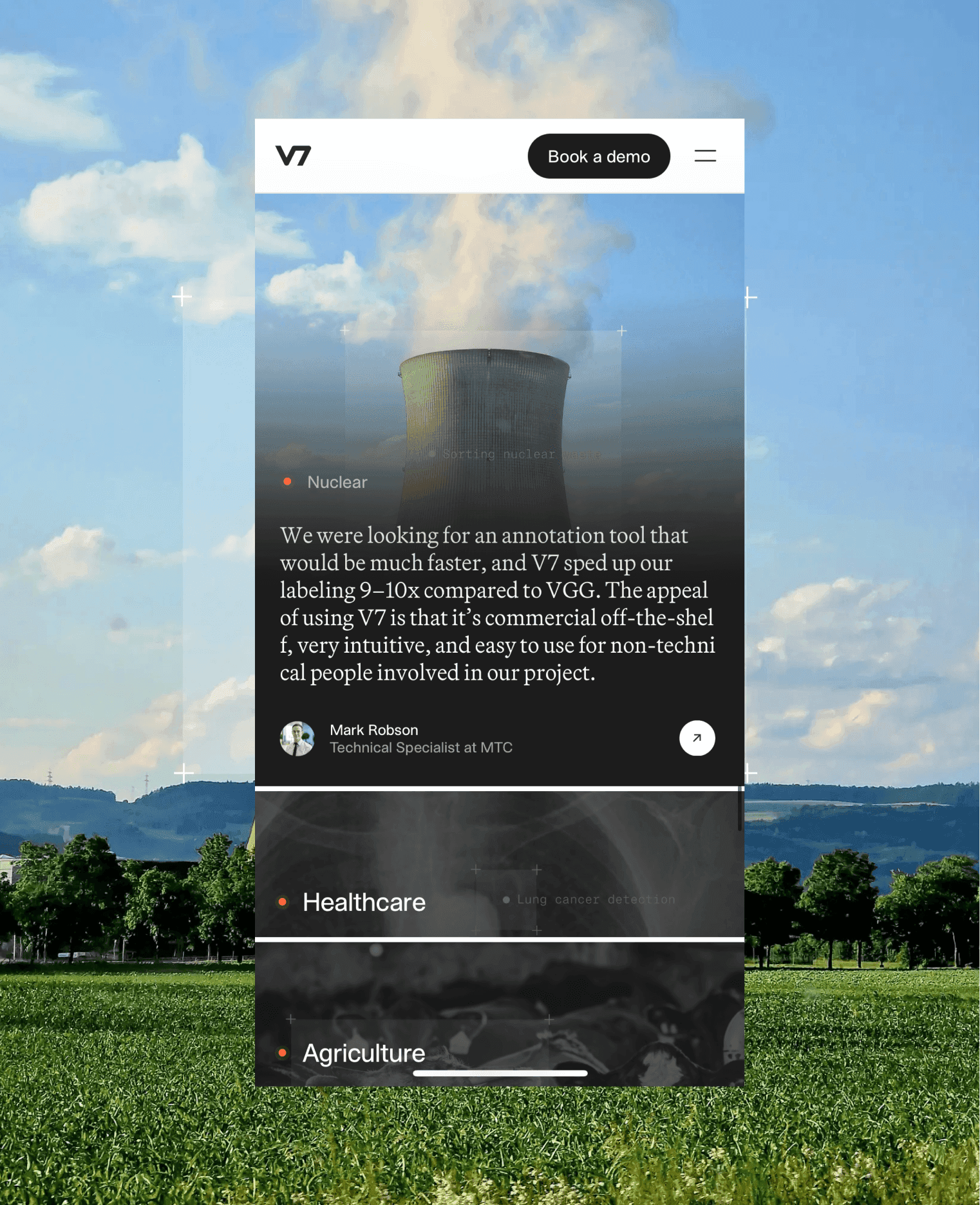 Phone screenshot showing Darwin landing page testimonial section — V7 Labs case study by Boldway Studio