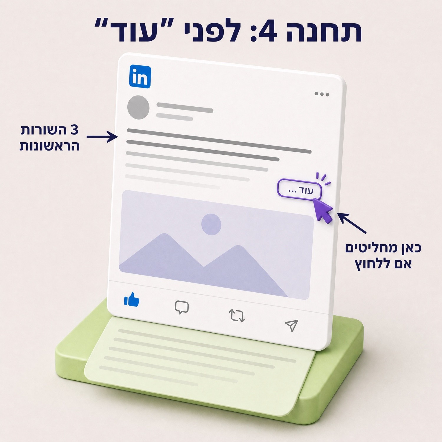 פוסט בלינקדאין שהשורות הראשונות שלו מודגשות, וסמן לוחץ על ״...עוד״ והמשך הפוסט נפתח מתחת