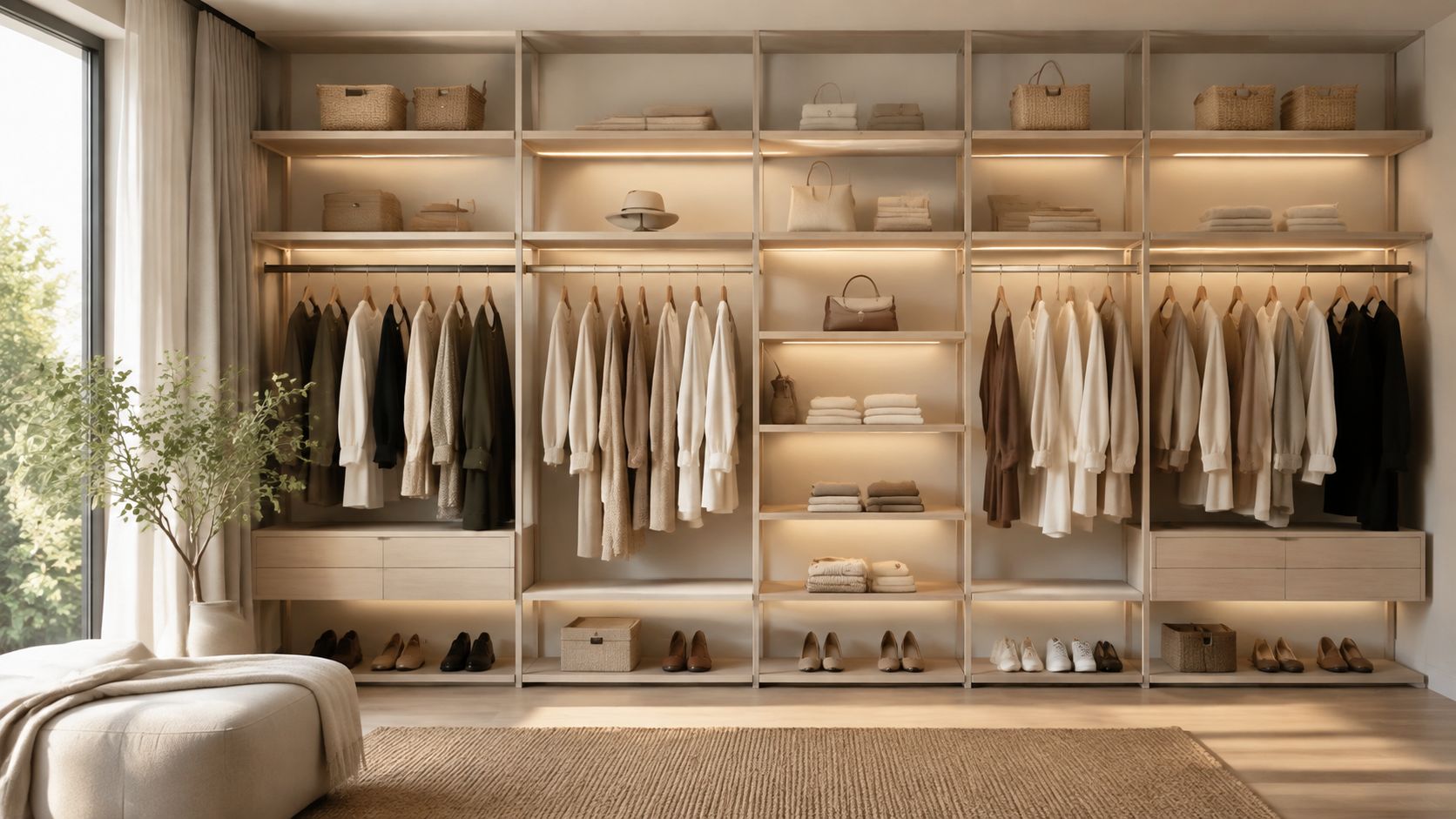 A minimalist, organized floor-to-ceiling wooden wardrobe filled with neatly hung garments and folded accessories in a bright room.