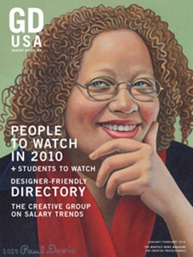 A poster of a drawn woman wearing glasses and a red scarf on a green background.
