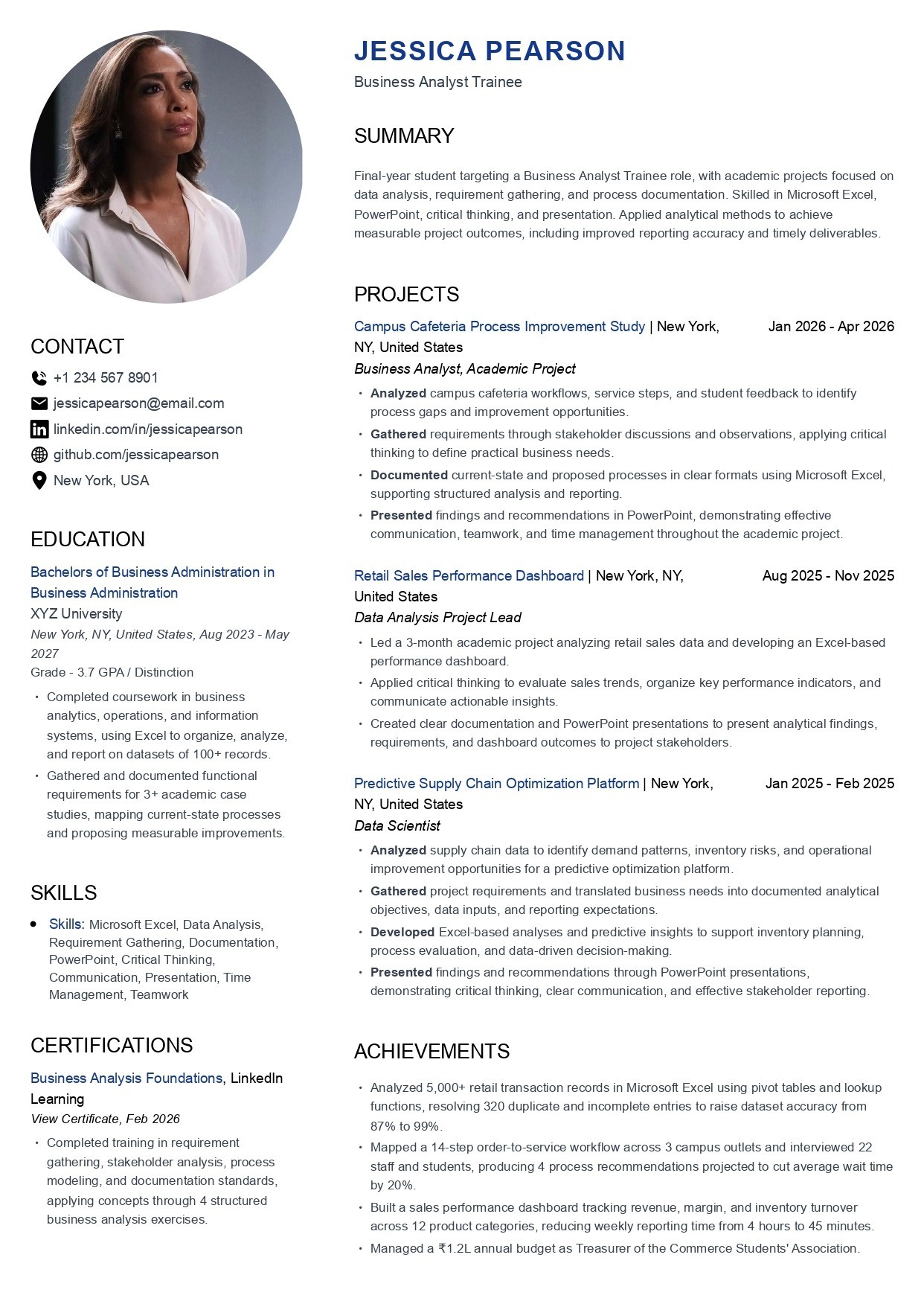 College resume template for students with no work experience, leading with education, coursework, and projects