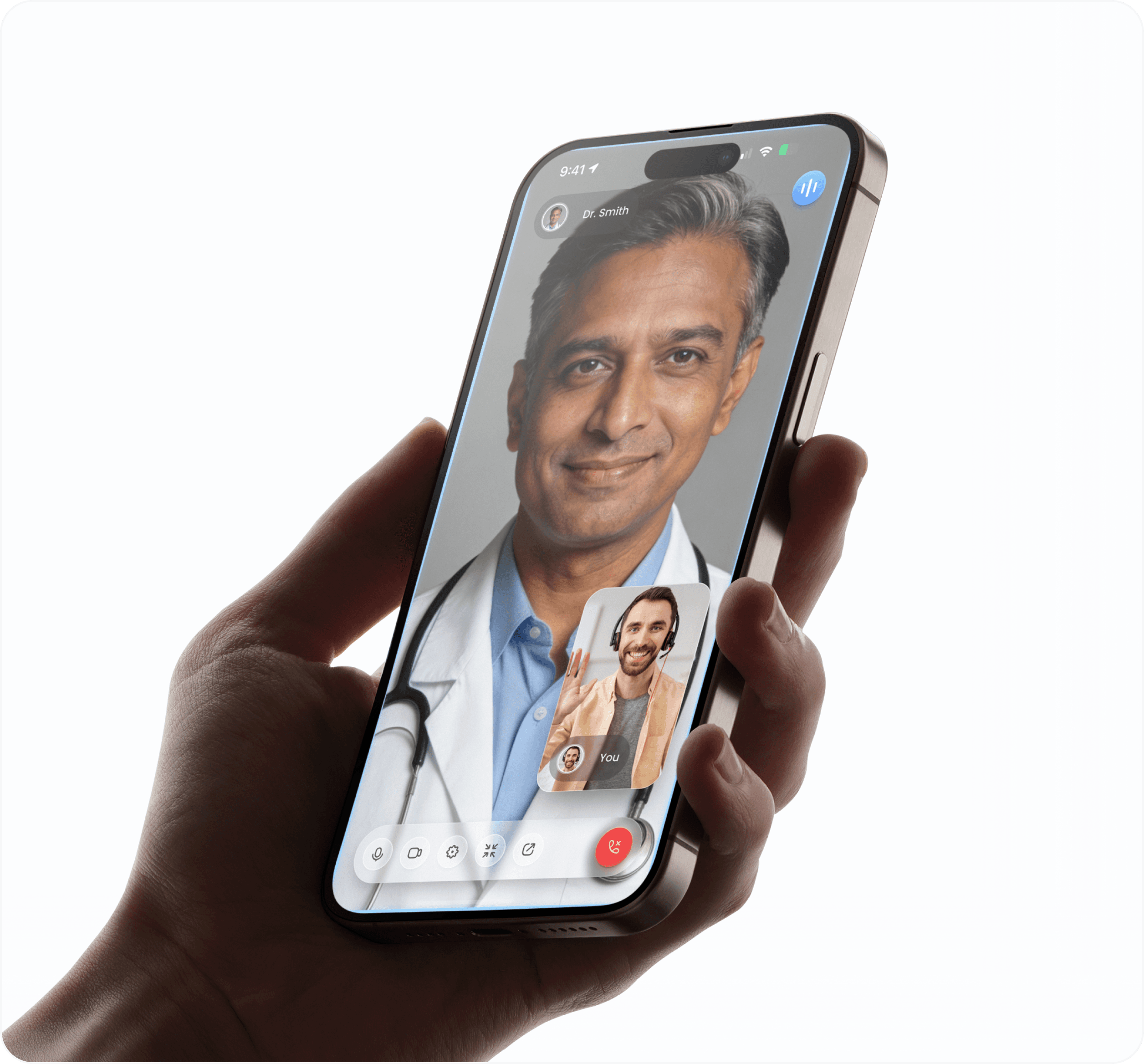 Hand holding phone showing a video call with a healthcare provider.