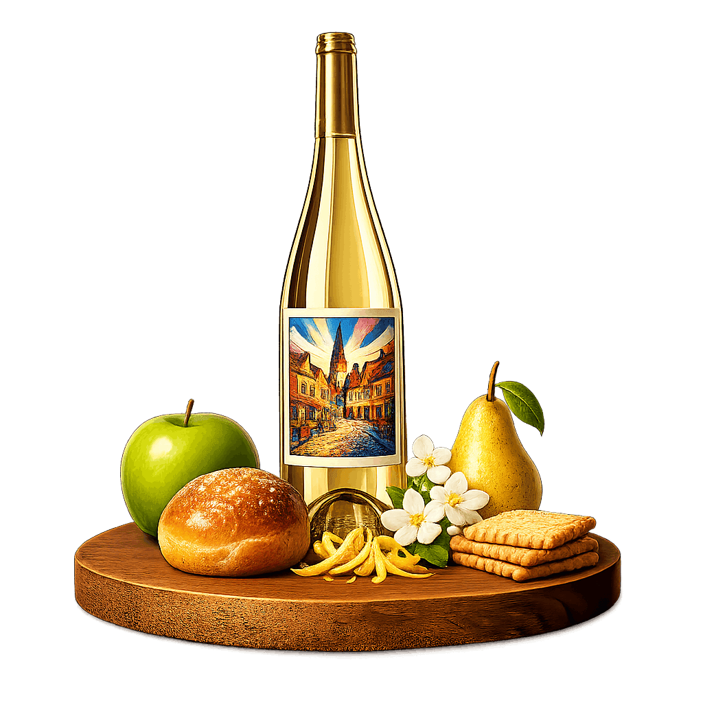 Artistic label and flavor profile for Belgian Sparkling Wine on a rustic wooden table.