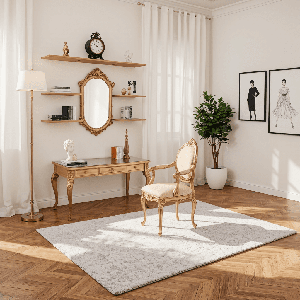 product photography of Elegant furniture set including a vanity table, chair, and mirror