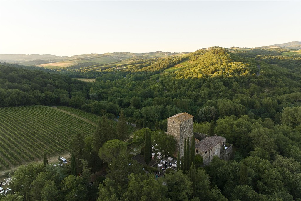 Wide landscape drone view of rolling countryside