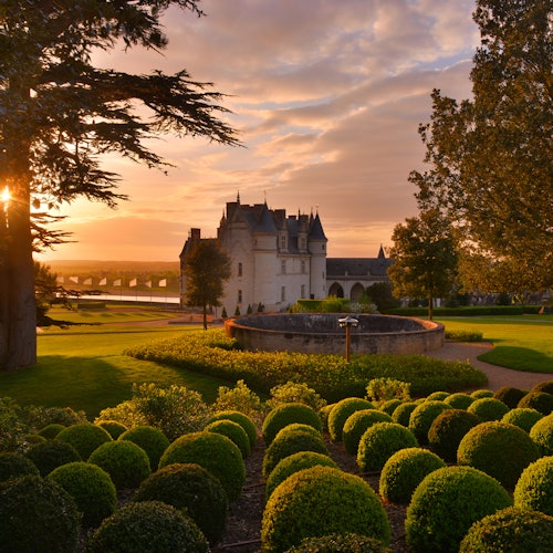 Manicured garden with round hedges in front of a historic castle at sunset, with tall trees and a dramatic sky in the background.