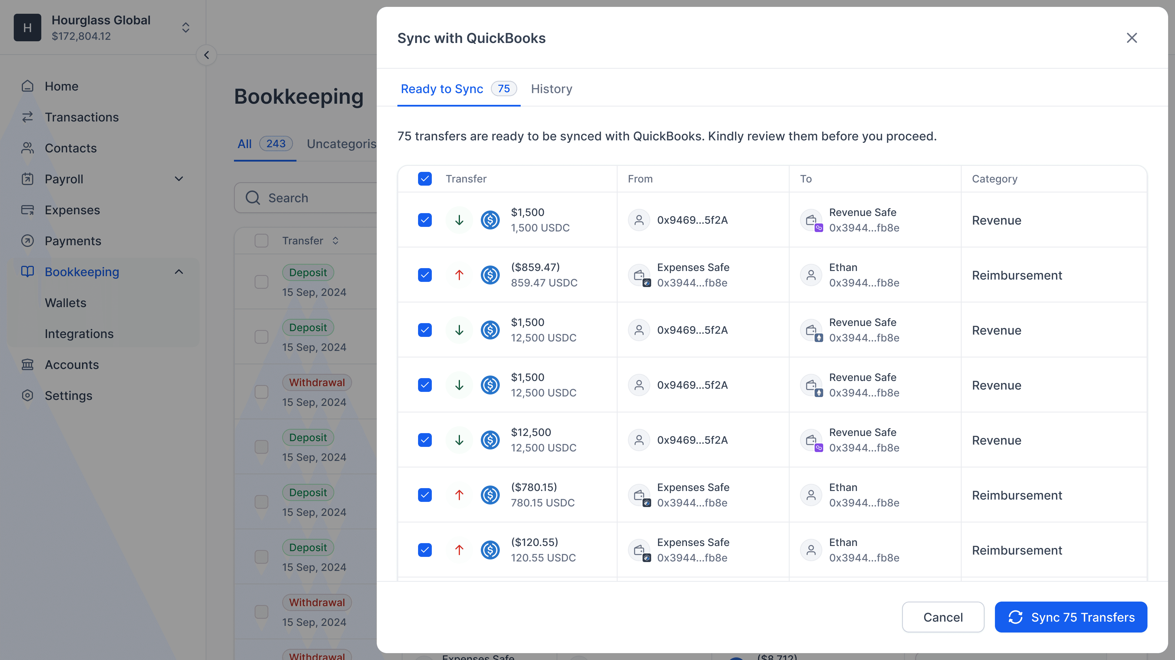 A side drawer showcasing transactions ready to be synced with QuickBooks.