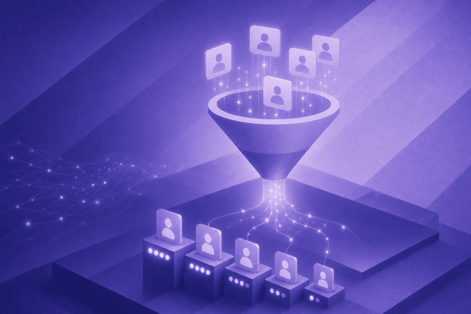 A modern B2B data visualization concept showing a funnel with glowing data points and prospect cards being ranked and sorted by priority scores, with abstract network connections and signal waves flowing through a clean dark blue and teal gradient background, representing AI-driven lead prioritization and scoring intelligence