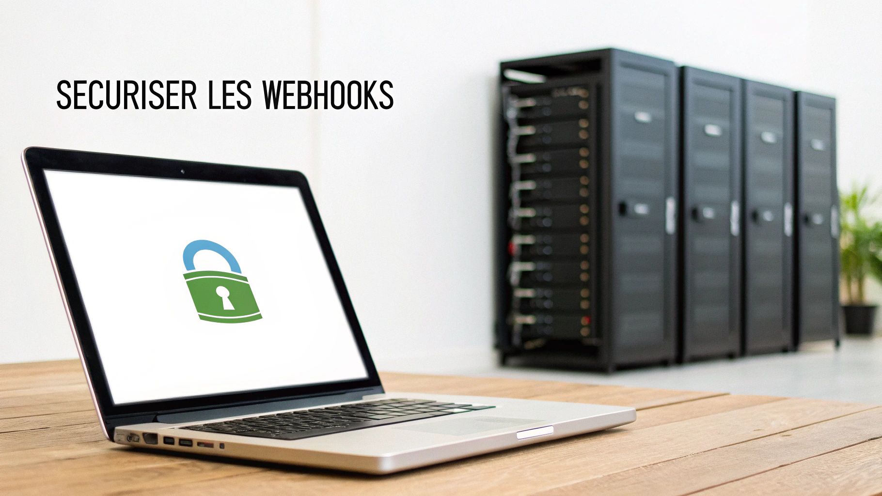 Un ordinateur portable affichant un cadenas de sécurité sur l'écran, avec des serveurs informatiques en arrière-plan et le texte