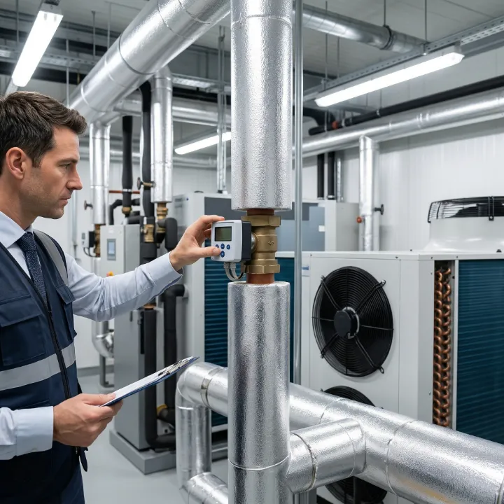 Technicien de maintenance ajustant un panneau de contrôle sur une tuyauterie isolée dans un local technique CVC.